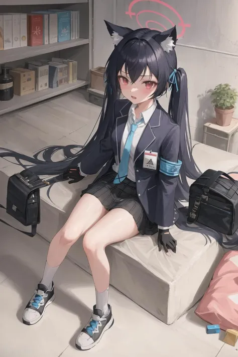 1girl, (serika \(blue archive\):1.1), animal ears, long hair, solo, school uniform, twintails, gloves, halo, cat ears, black hair, red eyes, full body, sneakers, skirt, bag, school bag, very long hair, shoes, animal ear fluff, looking at viewer, id card, socks, open mouth, highres,masterpiece, best quality