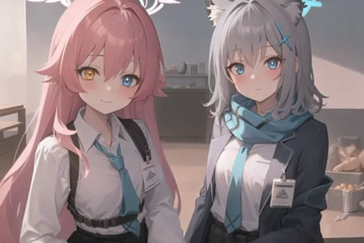 masterpiece, best quality, ultra-detailed, 2girls, indoors, school
AND masterpiece, best quality, ultra-detailed, 2girls, upper body, halo,hoshino, school uniform,very long hair,orange eyes,blue eyes,heterochromia,pink hair,white shirt,chest harness,(small breasts:1.1),smile,closed mouth
AND masterpiece, best quality, ultra-detailed, 2girls, upper body, halo,(shiroko:1.2), grey hair,medium hair,blue eyes,blue scarf,white shirt,(blue jacket:1.1) , expresionless