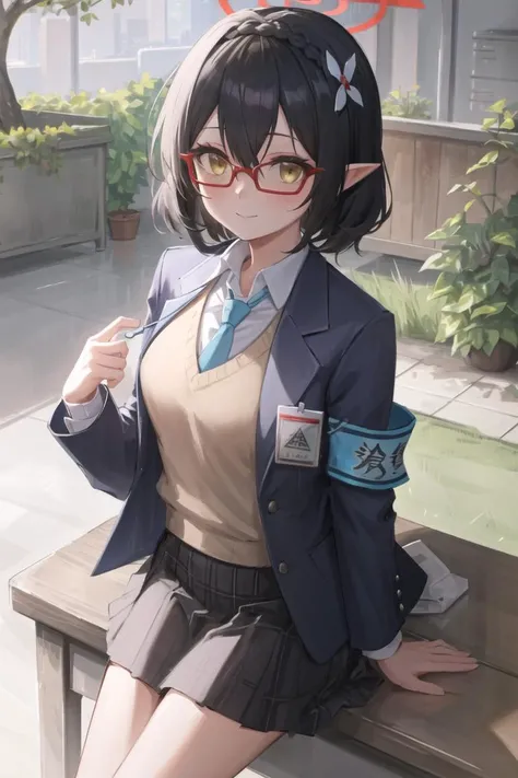 1girl, ayane \(blue archive\),halo, glasses, solo, pointy ears, armband, necktie, simple background, jacket, hair ornament, smile, white background, short hair, id card, school uniform, looking at viewer, black hair, blue necktie, blush, upper body, shirt, red-framed eyewear, white shirt, blue jacket, braid, yellow eyes, sweater vest, adjusting eyewear, hair flower, flower, hair between eyes, blazer, closed mouth, bangs, brown eyes, highres,masterpiece, best quality