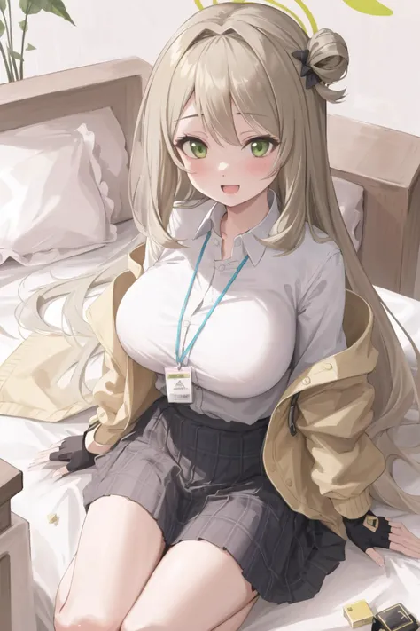 1girl, (nonomi (blue archive):1.2), solo, halo, green eyes, breasts, gloves, fingerless gloves, skirt, large breasts, long hair, jacket, shirt, looking at viewer, white shirt, school uniform, black gloves, id card, smile, holding, open clothes, plaid, plaid skirt, hair bun, blush, pleated skirt, bangs, collared shirt, open mouth, yellow jacket, hair between eyes, open jacket, long sleeves, highres,masterpiece, best quality