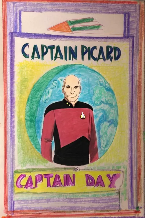 Portrait of picard in red uniform, a colorful sign that says "CAPTAIN PICARD DAY"<lora:crayons_v1_sdxl:1> <lora:StarTrekTNG-v7:1>