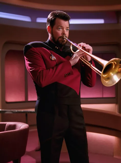 Riker playing a (trombone:1.3) with both hands, wearing red starfleet uniform, (puffed cheeks:1.2), in ten forward, on the enterprise, cocktail tables in background, best quality, moody lighting <lora:StarTrekTNG-v7:1>
