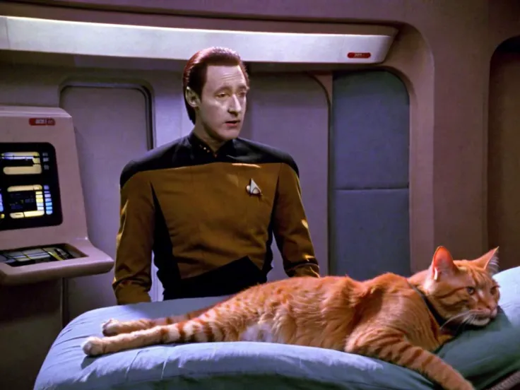 Star Trek TNG, TV Still, Data wearing a yellow starfleet uniform, in sickbay, standing over a bed, the bed has an orange cat sleeping on it, Data is on the left of the frame  <lora:StarTrekTNG-v7:1>