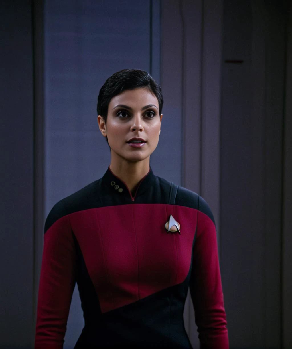 full body portrait of morena_baccarin, ((on the Enterprise in crew quarters)), (wearing a ((red Starfleet uniform)):1.1), Extremely high-resolution details, photographic, realism pushed to extreme, fine texture, incredibly lifelike, TV Still, Film Still, Cinematic, Cinematic Shot, Cinematic Lighting, <lora:StarTrekTNG-v7:1>, <lora:add-detail-xl:0.6>, <lora:JuggerCineXL2:0.9>, <lora:MorenaBaccarinXL:1>