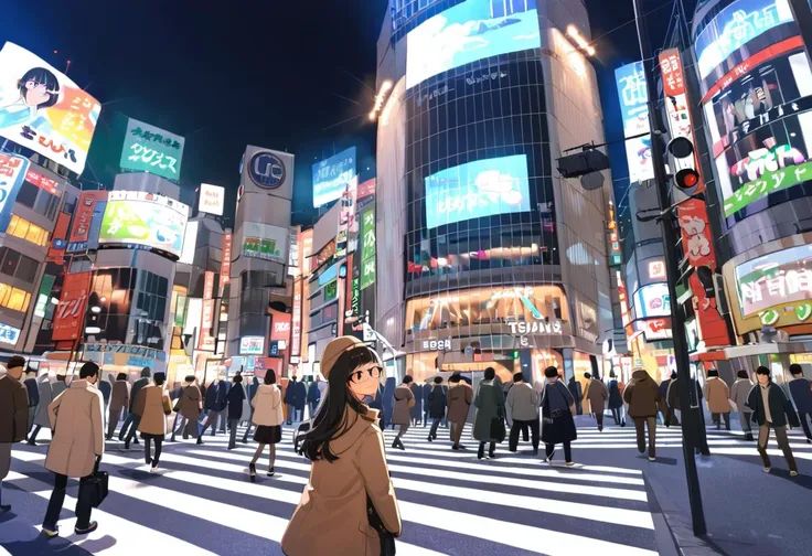 1girl, solo, glasses, black hair, long hair, duffle coat, black bag, smile, looking at viewer, solo focus,
shibuyaSK, night, road, city, street, crosswalk, multiple boys, scenery, sign, outdoors, real world location, lamppost, building, cityscape, 6+boys, traffic light, sidewalk, car, neon lights, sky, pavement, hat, skyscraper, vanishing point, night sky
masterpiece, best quality, 
<lora:col_xl:0.6> <lora:Shibuya_scramblekousaetn_SDXL_V1:1>