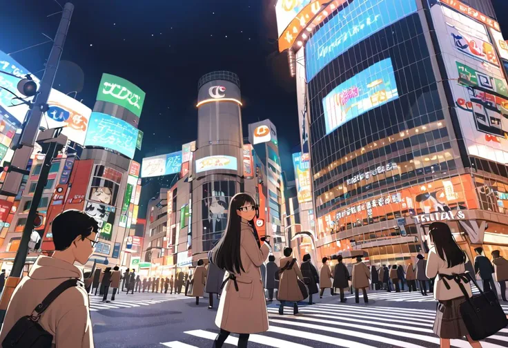 1girl, solo, glasses, black hair, long hair, duffle coat, black bag, smile, looking at viewer, solo focus,
shibuyaSK, night, road, city, street, crosswalk, multiple boys, scenery, sign, outdoors, real world location, lamppost, building, cityscape, 6+boys, traffic light, sidewalk, car, neon lights, sky, pavement, hat, skyscraper, vanishing point, night sky
masterpiece, best quality, 
<lora:col_xl:0.6> <lora:Shibuya_scramblekousaetn_SDXL_V1:1>