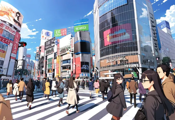 1girl, solo, glasses, black hair, long hair, duffle coat, black bag, smile, looking at viewer, solo focus,
shibuyaSK, outdoors, crosswalk, day, real world location, 6+boys, road, city, sky, street, cloud, scenery, building, traffic light, blue sky, sign, multiple boys, crowd, multiple girls, walking, 6+girls
masterpiece, best quality,
<lora:col_xl:0.6> <lora:Shibuya_scramblekousaetn_SDXL_V1:1>