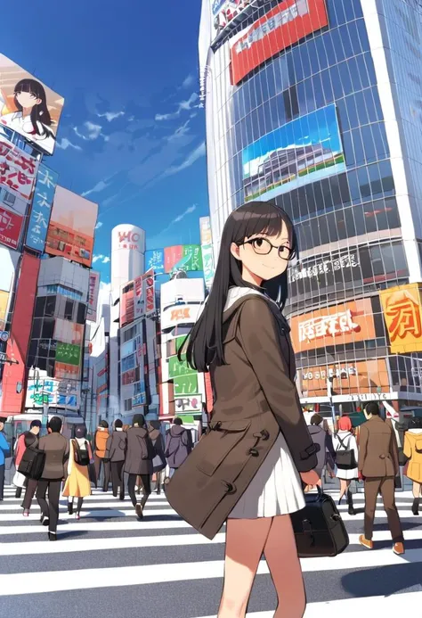 1girl, solo, glasses, black hair, long hair, duffle coat, black bag, smile, looking at viewer, solo focus,
shibuyaSK, outdoors, crosswalk, day, real world location, 6+boys, road, city, sky, street, cloud, scenery, building, traffic light, blue sky, sign, multiple boys, crowd, multiple girls, walking, 6+girls
masterpiece, best quality,
<lora:col_xl:0.6> <lora:Shibuya_scramblekousaetn_SDXL_V1:1>