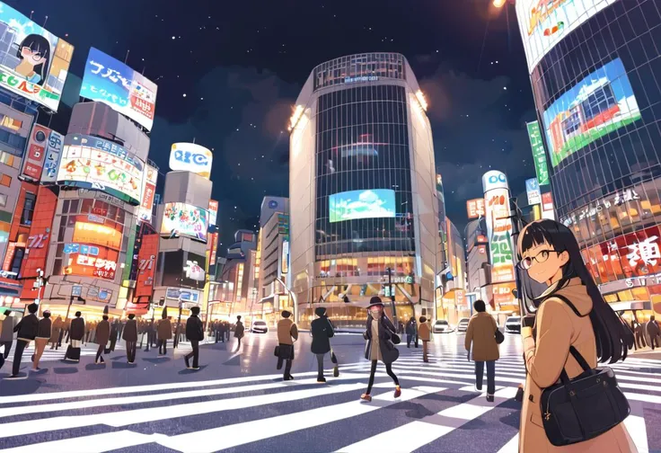 1girl, solo, glasses, black hair, long hair, duffle coat, black bag, smile, looking at viewer, solo focus,
shibuyaSK, night, road, city, street, crosswalk, multiple boys, scenery, sign, outdoors, real world location, lamppost, building, cityscape, 6+boys, traffic light, sidewalk, car, neon lights, sky, pavement, hat, skyscraper, vanishing point, night sky
masterpiece, best quality, 
<lora:col_xl:0.6> <lora:Shibuya_scramblekousaetn_SDXL_V1:1>