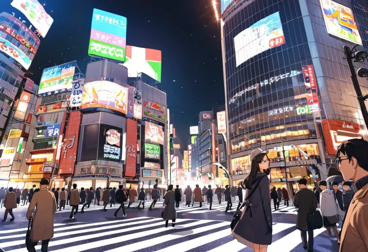 1girl, solo, glasses, black hair, long hair, duffle coat, black bag, smile, looking at viewer, solo focus,
shibuyaSK, night, road, city, street, crosswalk, multiple boys, scenery, sign, outdoors, real world location, lamppost, building, cityscape, 6+boys, traffic light, sidewalk, car, neon lights, sky, pavement, hat, skyscraper, vanishing point, night sky
masterpiece, best quality, 
<lora:col_xl:0.6> <lora:Shibuya_scramblekousaetn_SDXL_V1:1>