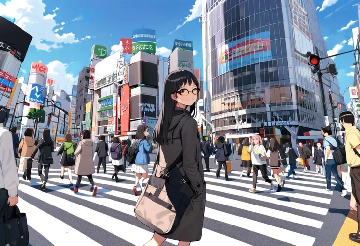 1girl, solo, glasses, black hair, long hair, duffle coat, black bag, smile, looking at viewer, solo focus,
shibuyaSK, outdoors, crosswalk, day, real world location, 6+boys, road, city, sky, street, cloud, scenery, building, traffic light, blue sky, sign, multiple boys, crowd, multiple girls, walking, 6+girls
masterpiece, best quality,
<lora:col_xl:0.6> <lora:Shibuya_scramblekousaetn_SDXL_V1:1>