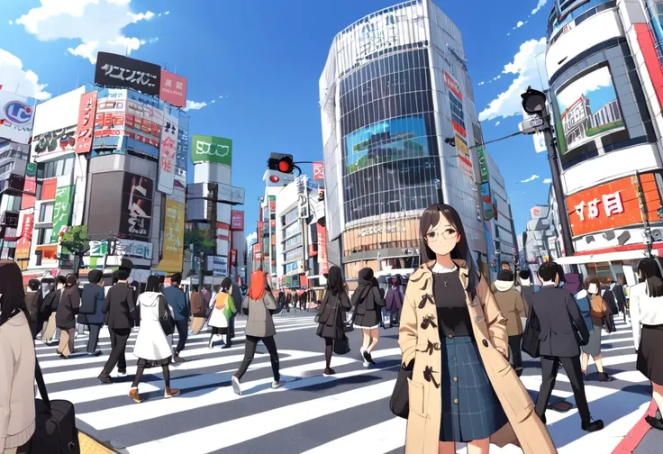 1girl, solo, glasses, black hair, long hair, duffle coat, black bag, smile, looking at viewer, solo focus,
shibuyaSK, outdoors, crosswalk, day, real world location, 6+boys, road, city, sky, street, cloud, scenery, building, traffic light, blue sky, sign, multiple boys, crowd, multiple girls, walking, 6+girls
masterpiece, best quality,
<lora:col_xl:0.6> <lora:Shibuya_scramblekousaetn_SDXL_V1:1>