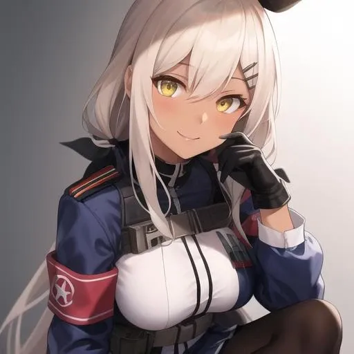 (masterpiece, best quality:1.2),illustration,absurdres,8k,hd,1girl,solo,upper body,(portrait:1.2),m590 (girls frontline),dark skin,yellow eyes,hairclip,hair ornament,large breasts,white hair,pleated skirt,black pantyhose,boots,smile,black gloves,looking at viewer,thigh strap,pouch,armband,very long hair,<lora:M590(gf)>,