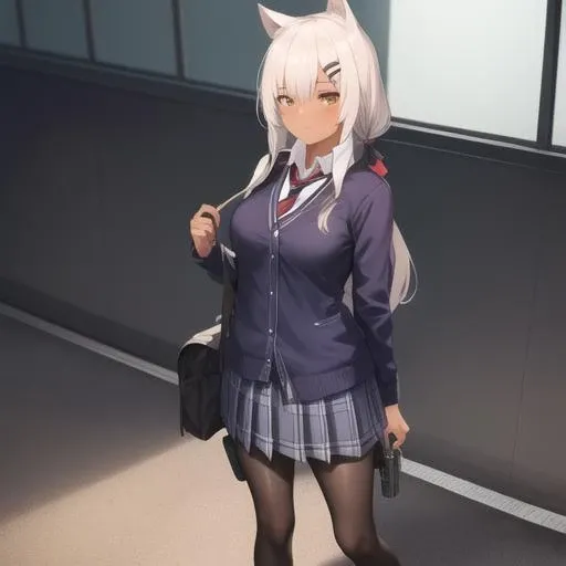 (masterpiece, best quality:1.2),illustration,absurdres,8k,hd,1girl,solo,cowboy shot,m590 (girls frontline),animal ears,bangs,black footwear,blonde hair,cat ears,collared shirt,dark skin,gradient hair,hair ornament,hairclip,large breasts,loafers,long hair,long sleeves,looking at viewer,multicolored hair,pantyhose,plaid skirt,pleated skirt,purple cardigan,purple skirt,red neckwear,school uniform,shoes,snap-fit buckle,weapon bag,white hair,white shirt,yellow eyes,<lora:M590(gf)>,