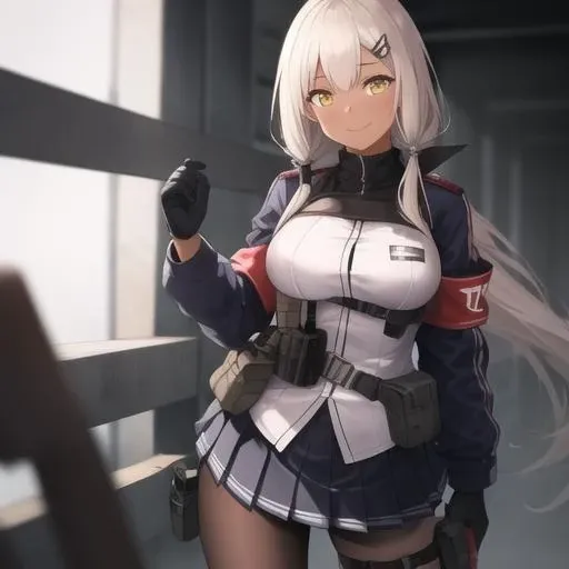 (masterpiece, best quality:1.2),illustration,absurdres,8k,hd,1girl,solo,cowboy shot,m590 (girls frontline),dark skin,yellow eyes,hairclip,hair ornament,large breasts,white hair,pleated skirt,black pantyhose,boots,smile,black gloves,looking at viewer,thigh strap,pouch,armband,very long hair,<lora:M590(gf)>,