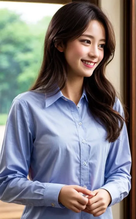 (masterpiece), (highres), (best quality), (realistic), 1 girl, (an extremely delicate and beautiful), (dark color hair), (looking away), (messy hair), long sleeves shirt, smile precure!, , <lora:real_skin:0.5> <lora:more_details:0.5> <lora:silhouette:0.8>