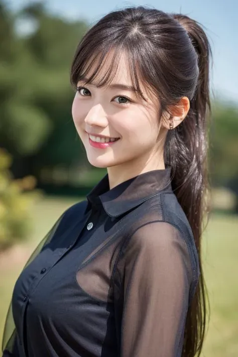 (masterpiece), (highres), (best quality), (realistic), 1 girl, (an extremely delicate and beautiful), (dark color hair), (slope angle), (messy hair), high ponytail, long sleeves shirt, long bangs, shiny skin, see-through, copyright request, oval face, <lora:real_skin:0.6> smile \(.flow\)