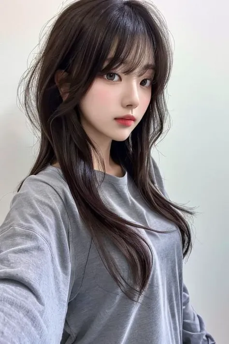 (masterpiece), (highres), (best quality), (realistic), 1 girl, (an extremely delicate and beautiful), (dark color hair), (slope angle), (messy hair), long sleeves shirt, long bangs,