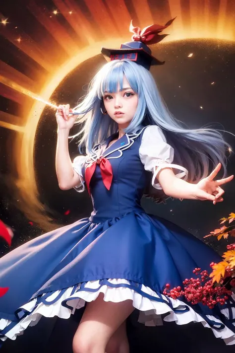 masterpiece, best quality,  <lora:keine:1>,1girl,blue hair,hat,long hair,red eyes,bow,dress,short sleeves,