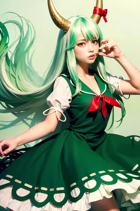 masterpiece, best quality, <lora:keine:1>,1girl,greenhair,horns,horn bow,long hair,red eyes,bow,green dress,short sleeves, tail