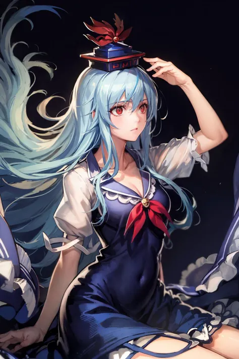 masterpiece, best quality, <lora:style03:1>,  <lora:keine:1>,1girl,blue hair,hat,long hair,red eyes,bow,blue dress,short sleeves,