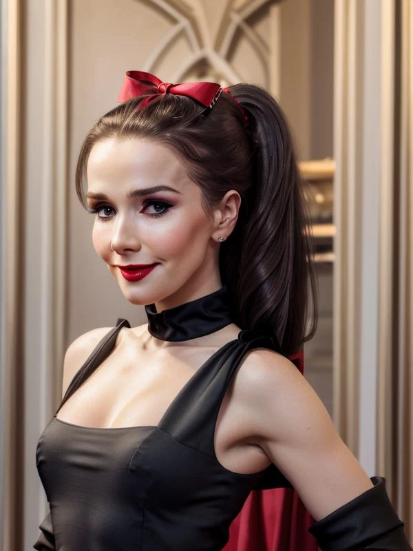 gquality, <lora:oreiro-10:1> oreiro, 1girl, solo, looking at viewer, smile, bow, ponytail, hair bow, earrings, makeup, lipstick, realistic, red lips, eyeshadow, dress, black dress, eyeliner, bare shoulders
