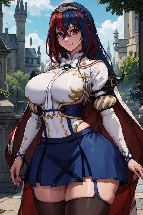 masterpiece, best quality, highres, aahex, Alear_F, white shirt, high collar shirt, shoulder pads, white bowtie, armguards, gauntlets, cape, cowboy shot, high heel boots, crown braid, streaked hair, tiara, epaulettes, impossible clothes, rerebrace, solo, pleated skirt, white thighhighs, garter straps, long hair, outdoor, castle, daytime, large breasts, large thighs, huge breasts, huge thighs, huge ass, smile <lora:HugeASS:1> <lora:Alear_Test_Feb10_8_128_704_TE00012:1>