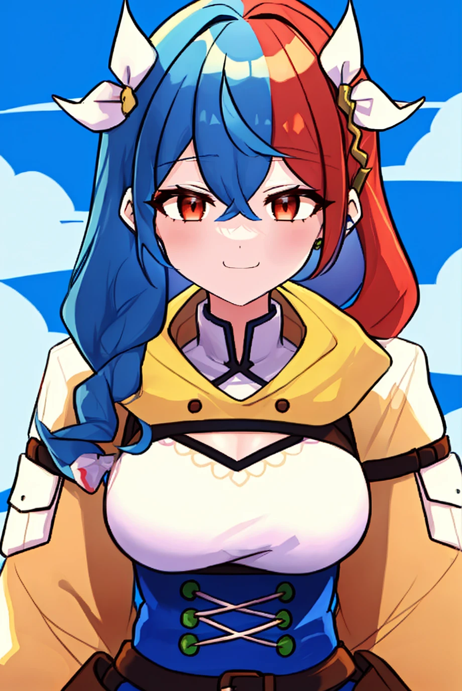 <lora:femaleAlearFireEmblem_v10:0.4> (((two-tone hair))), (((blue hair, red hair,blue hair|red hair))),1girl,upper body, masterpiece, best quality, absurdres, 1girl, standing, <lora:goldmaryFireEmblem_v1:1>,goldmary (fire emblem)