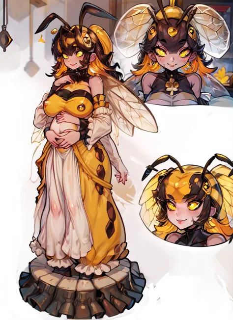 ((best quality)), ((highly detailed)), absurdres, detailed face, beautiful face, (detailed eyes, deep eyes), (1girl), <lora:CharacterDesign_Concept:.6>, (CharacterSheet:1), (multiple views, full body, upper body, reference sheet:1), full body, ((wide shot)), <lora:hairdetailer:.8>, (((bee girl))), ð, colored skin, yellow colored skin, (black hair, <lora:conceptColoredInner_v10:1>, yellow colored inner hair), honey yellow eyes, (<lora:solidEyes_v70:.8>, solid eyes, colored sclera), fur, (arthropod girl), ((antennae)), (bee wings), (symmetrical wings), (carapace), <lora:ExtraArms:.9>, ExtraArms, extra arms, (arthropod limbs), wide hips, beehive, honey, honeycomb (pattern), hexagons, fur-trimmed clothes, black and yellow clothes, (queen, crown, royal), (motherly smile), mole, mole on breast, mole under eye, very long hair, large breasts, sagging breasts, pregnant, (hand on own belly), strapless dress, ((long dress, maxidress:1.2)), garter straps, stockings, detached sleeves, feather boa, bare shoulders, collarbone, palace throne room, honeycomb (pattern) walls, (hand on own chin, head rest)}, (inside, in a hospital), <lora:ALESYO_alpha_sd15_by_IsnAI:.8>