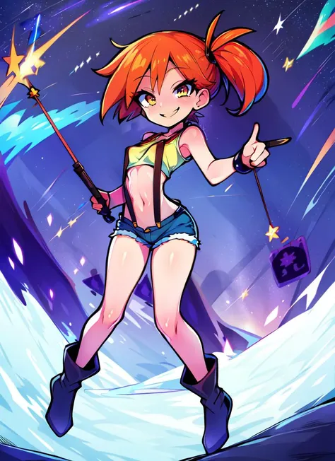 ((best quality)), ((highly detailed)), masterpiece, absurdres, (detailed eyes, deep eyes), (1girl), dynamic pose, full body, wide shot, <lora:Misty_Pokemon:.7>, Misty_Pokemon, orange hair, short hair, side ponytail, blue eyes, small breasts, smiling, (yellow crop top), collarbone, sleeveless, suspenders, denim shorts, (outside, on a glacier, aurora, night, night sky, stars, blue moon, shooting star, telescope), <lora:ALESYO_alpha_sd15_by_IsnAI:.9>