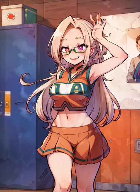 ((best quality)), ((highly detailed)), masterpiece, absurdres, (detailed eyes, deep eyes), (1girl), (glasses), full body, ((wide shot)), <lora:OGT_MT_Lady-v1:.7>, Yu Takeyama, long hair, blonde hair, drill hair, purple eyes, wide hips, large breasts, smiling, <lora:UACheerleader:1>, U.A. CheerUniform, orange crop top, ((bare arms)), orange skirt, (inside, on an elevator), <lora:ALESYO_alpha_sd15_by_IsnAI:.7>