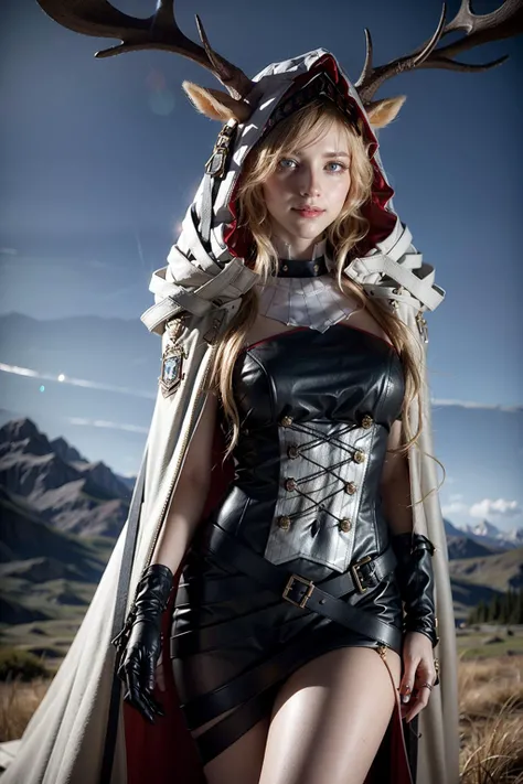 (realistic:1.3), finely detailed, quality, rembrandt lighting, (masterpiece:1.2), (photorealistic:1.2), (best quality), (detailed skin:1.3), (intricate details), dramatic, ray tracing, 1girl, viviana, deer ears, antlers, 21 years old, detailed skin texture, (blush:0.5), (goosebumps:0.5), subsurface scattering, smiling, medium breasts, blonde hair, blue eyes, hood up, hooded cape, black dress, underbust, black gloves, (bright sunny day, outdoors, wide open grass field, gentle hills far away, sky), <lora:arknights_viviana:1>