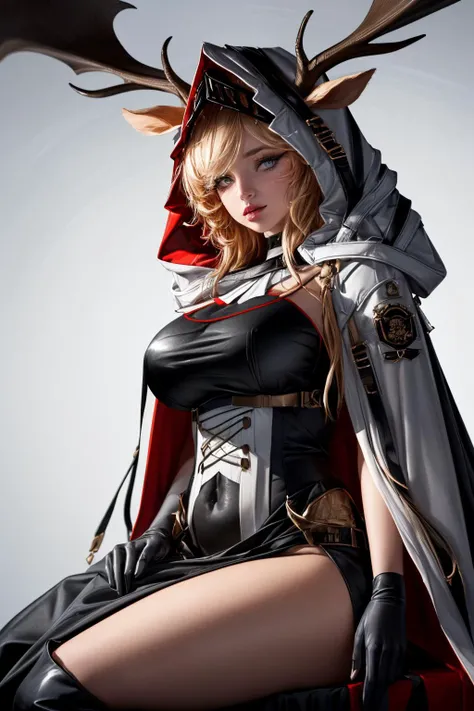 (ultra realistic,32k, masterpiece:1.1),(high detailed skin:1.1), 8k uhd, dslr, high quality,(makeup, mascara:1.1), (thick\lips\),
 <lora:arknights_viviana:1>viviana, deer ears, antlers, hood up, hooded cape, black dress, underbust, black gloves, , <lora:add_detail:0.98>, (huge breast:1.1), 
(looking at viewer, sitting, from below:1.1),,
,(dynamic lighting:1.1),  blank background