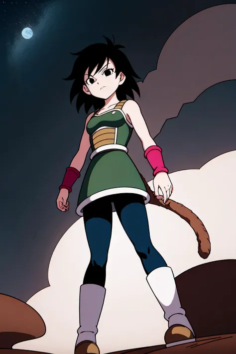 <lora:Gine:0.6>, saiyan armor, spiked hair, black hair, black eyes, monkey tail, skirt, pantyhose, boots, wristband, desert, sand, night sky, stars, from below, masterpiece, high quality,