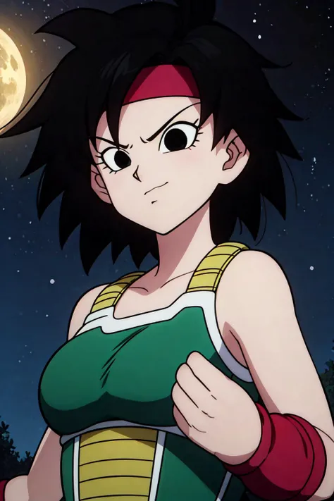 <lora:ginev3:.6> gine, 1girl, shadow, solo, long hair, breasts, closed, night sky, black hair, black eyes, angry, bare shoulders, collarbone, short hair, close up, clenched hand, spiked hair,
(green saiyan armor), ((red tie headband)),
<lora:add_detail:1>