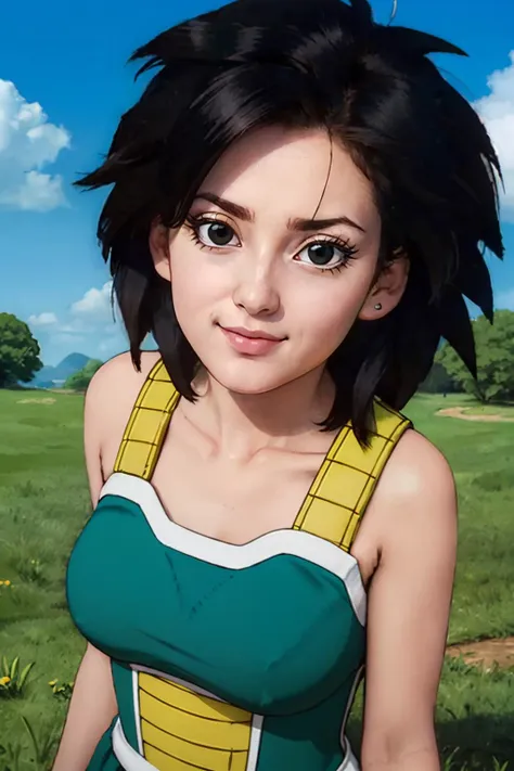 gine, black hair, spiky hair, breasts, bare shoulders, collarbone, black eyes,(green saiyan armor),looking at viewer, smiling, close up portrait, outside,grass, blue sky, high quality, masterpiece, <lora:ginev3:.6>