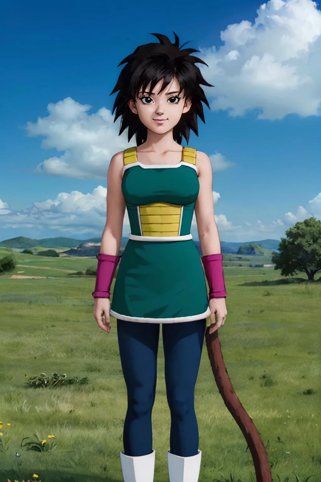 gine, black hair, spiky hair, breasts, bare shoulders, collarbone, black eyes,bracers, monkey tail, (green saiyan armor), saiyan skirt, black pantyhose, looking at viewer, smiling, medium shot, standing, outside, park, grass, blue sky, high quality, masterpiece, <lora:ginev3:.6>