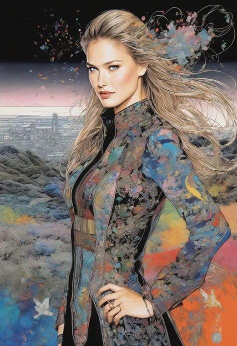 bar_refaeli in a final fantasy landscape, (full body shot:2.0), colorful, black background, vibrant colors, high contrast, many thin pencil strokes contour, watercolor, flat, paint strokes, colorful patterns, intricate detailed, art by Yoshitaka Amano, art by Takato Yamamoto, <lora:bar_refaeli_sdxl_60:0.75>