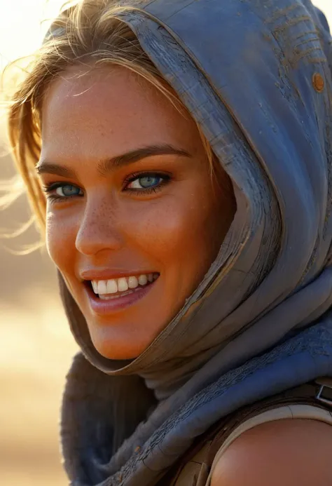 bar_refaeli, style by Andre Kohn, (extremely detailed:2.0),dune, sunrise, sandstorm atmosphere,playful-shadows, image of a phenomenal,amazing majestic,mesmerise,freckles-face,breathtaking, (sapphire-eye:1.3), flirty-smile, aesthetic, dune respirator-mask inspired by futuristic dune dystopia,huge detailed sci-fi scene, <lora:bar_refaeli_sdxl_60:0.75>