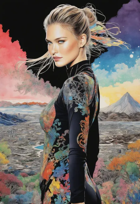 bar_refaeli in a final fantasy landscape, (full body shot:2.0), colorful, black background, vibrant colors, high contrast, many thin pencil strokes contour, watercolor, flat, paint strokes, colorful patterns, intricate detailed, art by Yoshitaka Amano, art by Takato Yamamoto, <lora:bar_refaeli_sdxl_60:0.85>