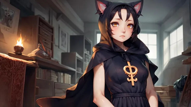 anime style, human, 1girl, cat girl, (cat ears), (cat tail), black hair, golden eyes, gloomy atmosphere, detailed gothic dress, hooded cloak, (symbol of death on dress), mysterious expression, pale skin, (by sakimichan:0.9), (by aicosu:0.8), (by as109:0.7), intricate details, masterpiece