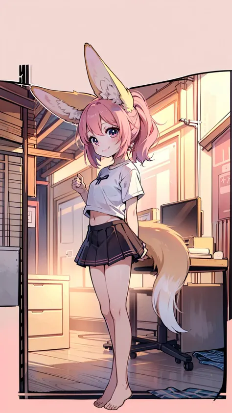 solo, detailed background, fennec, (girl, human), smiling, multicolored fur, (skirt, shirt), masterpiece, fox ears, fluffy tail, detailed skin, detailed face and eyes, higher body and limbs detail, flawless face, beautiful girl, amused beautiful, petite, slim, feminine, large eyes, pretty face, anime absurdres illustration, drawing, (lineart:0.6), (superflat, flat shading, flat colors:1.1), (vibrant colors:1.1)