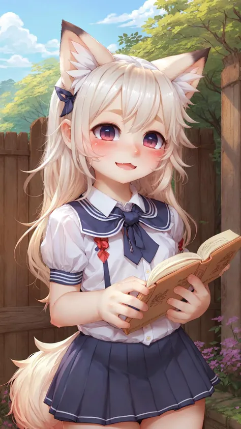 outdoor, anime style, detailed background, school setting, human girl, fox girl hybrid, (schoolgirl uniform), cute and innocent expression, (large eyes), (blushing:0.9), holding a textbook, playful, masterpiece, (by kawacy:0.8), (by moekyun), (by hews hack), (by sakimichan)