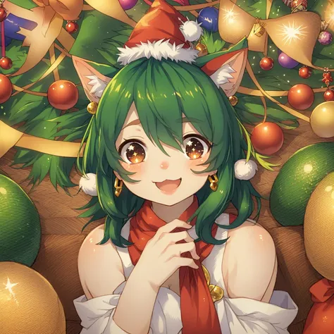 hand drawn, Christmas party, detailed background, colorful decorations, festive atmosphere, cat girl, (expressive eyes and cute nose), (smiling with joy), party hat, (sparkling earrings), detailed fur texture, (by yaya-lice:0.9), (by mizuho chan), (by chuta), (by tamaki miyazaki), portrait, close-up of the face, masterpiece