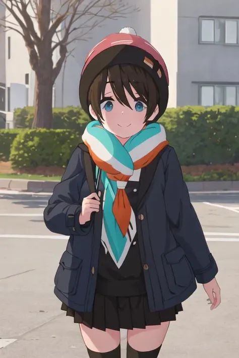 best quality, masterpiece, highres, solo, {saito_ena_yurucamp:1.15}, blue_eyes, short_hair, smile, brown_hair, black_hair, hat, closed_mouth, 1girl, blue_sailor_collar, motosu_school_uniform, neckerchief, sailor_collar, school_uniform, serafuku, sweater, upper_body
