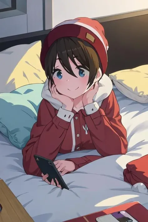 best quality, masterpiece, highres, solo, {saito_ena_yurucamp:1.15}, blue_eyes, short_hair, smile, brown_hair, black_hair, hat, closed_mouth, 1girl, cellphone, holding, lying, on_stomach, phone, pillow, smartphone, under_covers, bangs, holding_phone, hair_between_eyes, long_sleeves, pajamas, virtual_youtuber