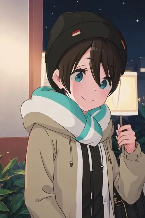 best quality, masterpiece, highres, solo, {saito_ena_yurucamp:1.15}, blue_eyes, short_hair, smile, brown_hair, black_hair, hat, closed_mouth, 1girl, hood, hair_between_eyes, hand_on_own_face, long_sleeves, night, upper_body, can, hoodie, jacket