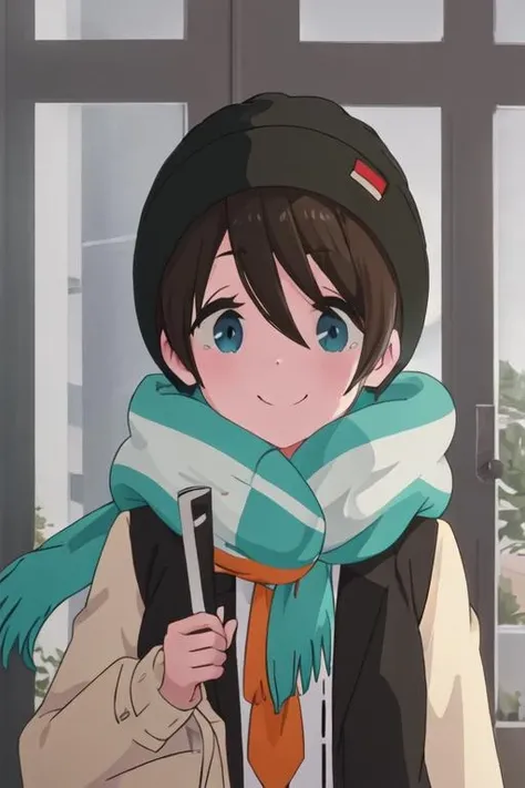 best quality, masterpiece, highres, solo, {saito_ena_yurucamp:1.15}, blue_eyes, short_hair, smile, brown_hair, black_hair, hat, closed_mouth, 1girl, motosu_school_uniform, scarf, school_uniform, sweater, upper_body, long_sleeves, looking_at_viewer, sailor_collar