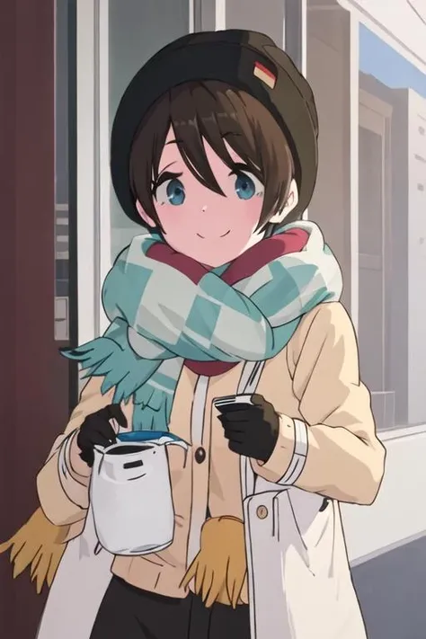 best quality, masterpiece, highres, solo, {saito_ena_yurucamp:1.15}, blue_eyes, short_hair, smile, brown_hair, black_hair, hat, closed_mouth, 1girl, scarf