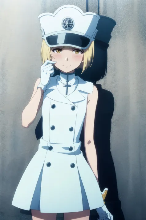 <lora:Liltotto_Lamperd:0.7>liltotto lamperd, white dress, buttons, yellow eyes, sleeveless dress, dress, simple background, white gloves, small breasts, thighhighs, hairband, white background, short hair, sleeveless, striped thighhighs, striped, solo, sitting, 1girl, looking at viewer, blunt bangs, gloves, hat, closed mouth, bare shoulders, blonde hair